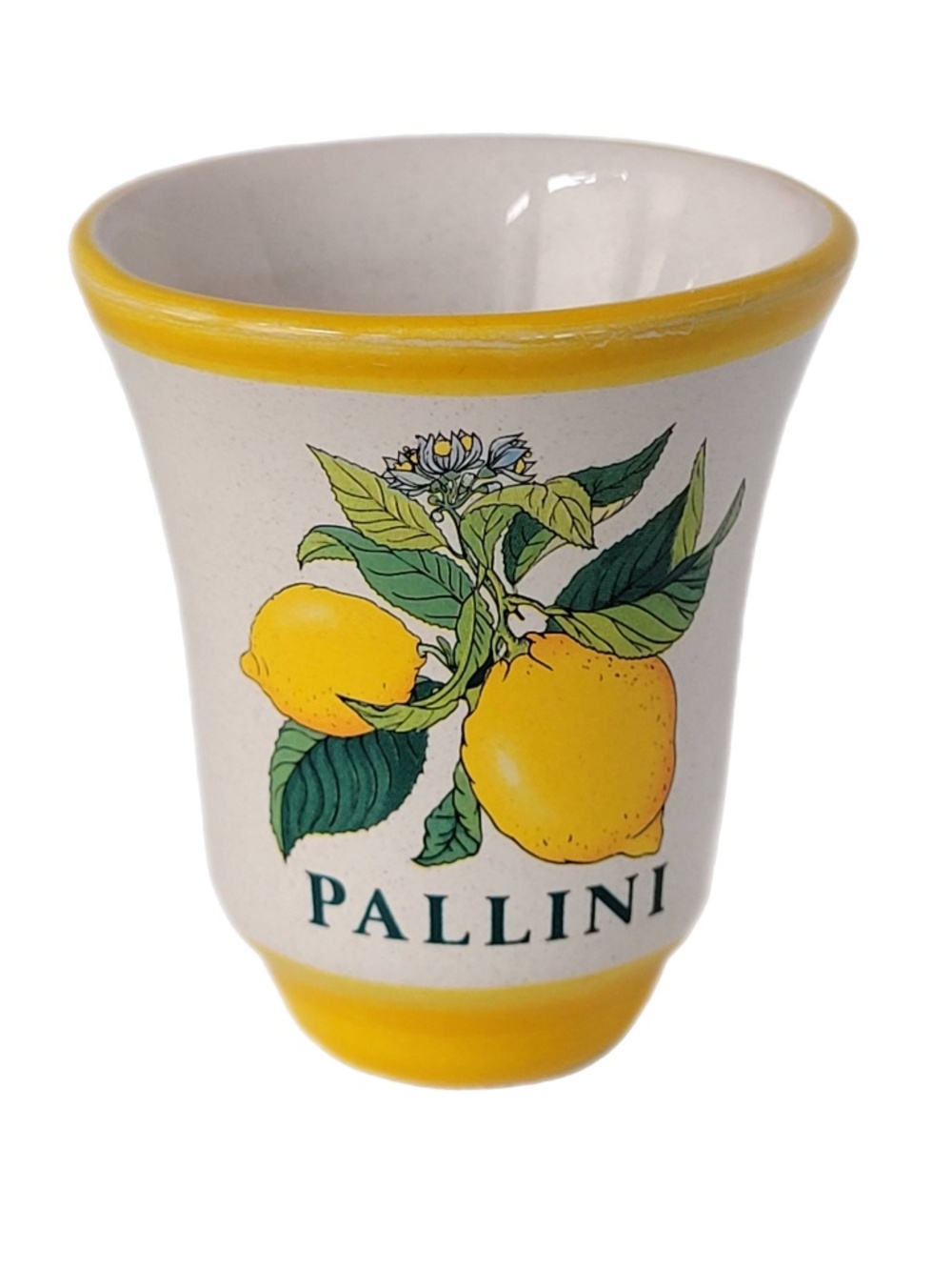 Pallini Limoncello Ceramic Shot Glass Deruta, Italy Barware with Lemon Decal